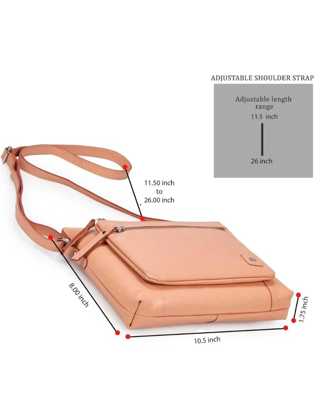 Women's Peach Genuine Leather Sling Purse with Adjustable Strap Crossbody bag